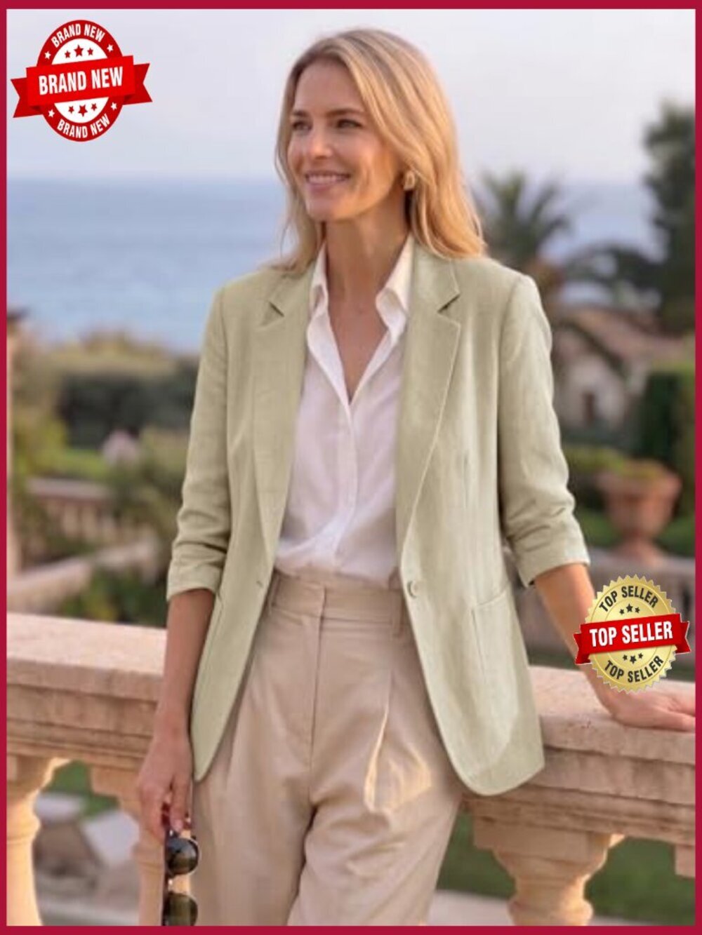 Lightweight Linen Blend Blazer - 3/4 Sleeve Business Casual - Picture 2 of 7